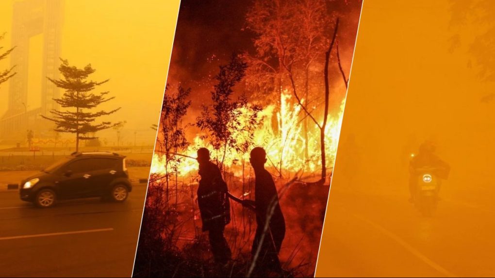 Na kombosnímke oranžová obloha a prostredie v Indonézii, ktorú sužujú požiare.