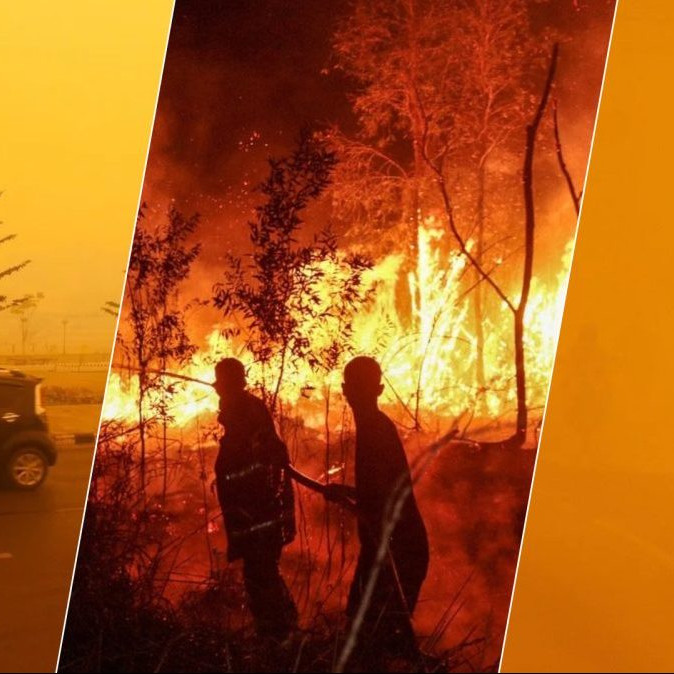 Na kombosnímke oranžová obloha a prostredie v Indonézii, ktorú sužujú požiare.