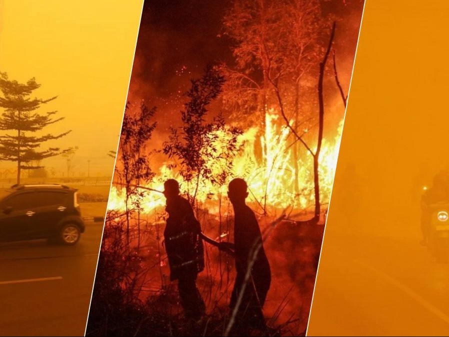 Na kombosnímke oranžová obloha a prostredie v Indonézii, ktorú sužujú požiare.