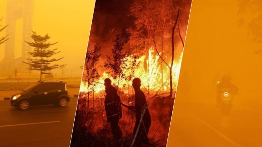 Na kombosnímke oranžová obloha a prostredie v Indonézii, ktorú sužujú požiare.