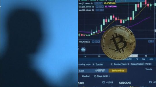 Na ilustračnej kombosnímke silueta podvedeného klienta a logo bitcoinu.