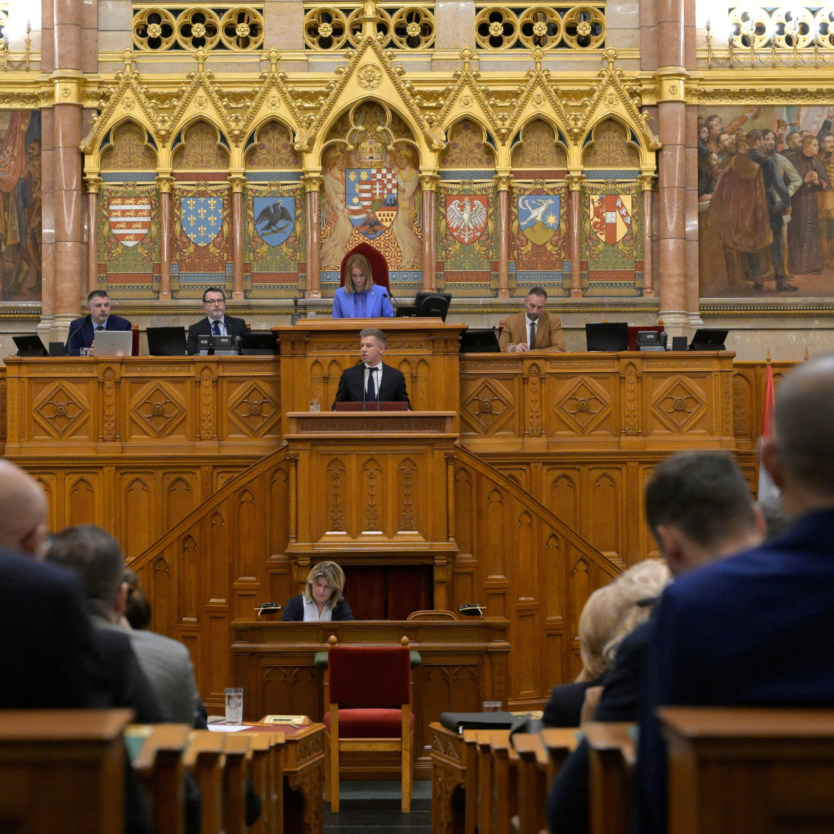 Na snímke Péter Magyar počas zasadnutia v Budapešti.