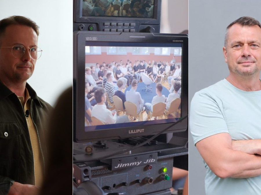Na kombo snímke politológ Miroslav Řádek, zábery z natáčania so študentmi a moderátor Viliam Stankay.