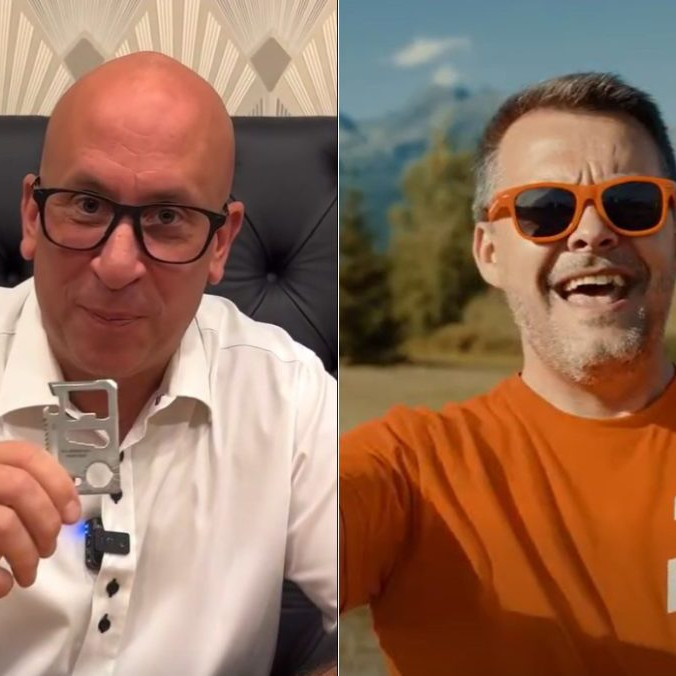Na kombosnímke Jozef Ráž drží v ruke multifunkčnú pomôcku a Samuel Migaľ vo videu, v ktorom spieva predvolebnú pieseň.
