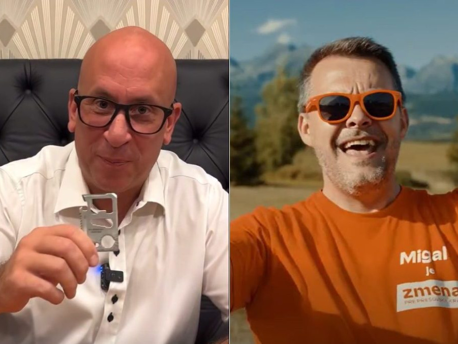 Na kombosnímke Jozef Ráž drží v ruke multifunkčnú pomôcku a Samuel Migaľ vo videu, v ktorom spieva predvolebnú pieseň.