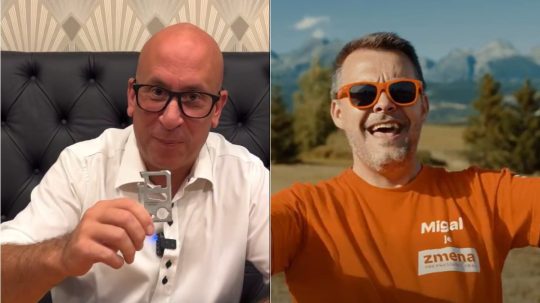 Na kombosnímke Jozef Ráž drží v ruke multifunkčnú pomôcku a Samuel Migaľ vo videu, v ktorom spieva predvolebnú pieseň.
