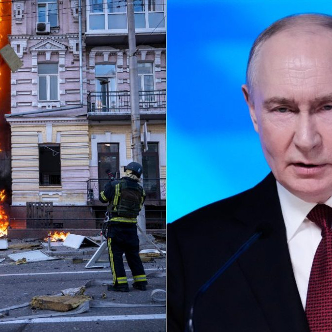 Na kombosnímke hasiči zasahujú po útoku v Kyjeve a Vladimir Putin.