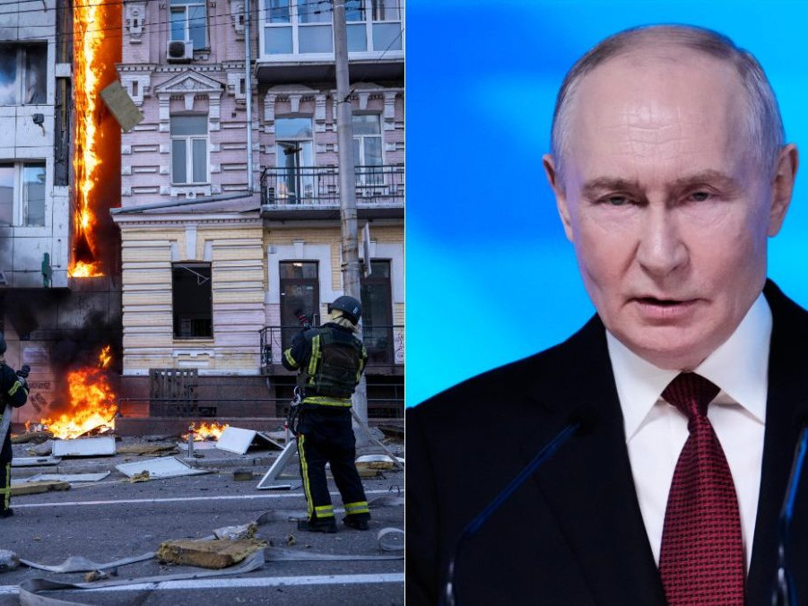 Na kombosnímke hasiči zasahujú po útoku v Kyjeve a Vladimir Putin.