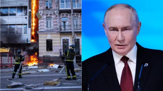 Na kombosnímke hasiči zasahujú po útoku v Kyjeve a Vladimir Putin.
