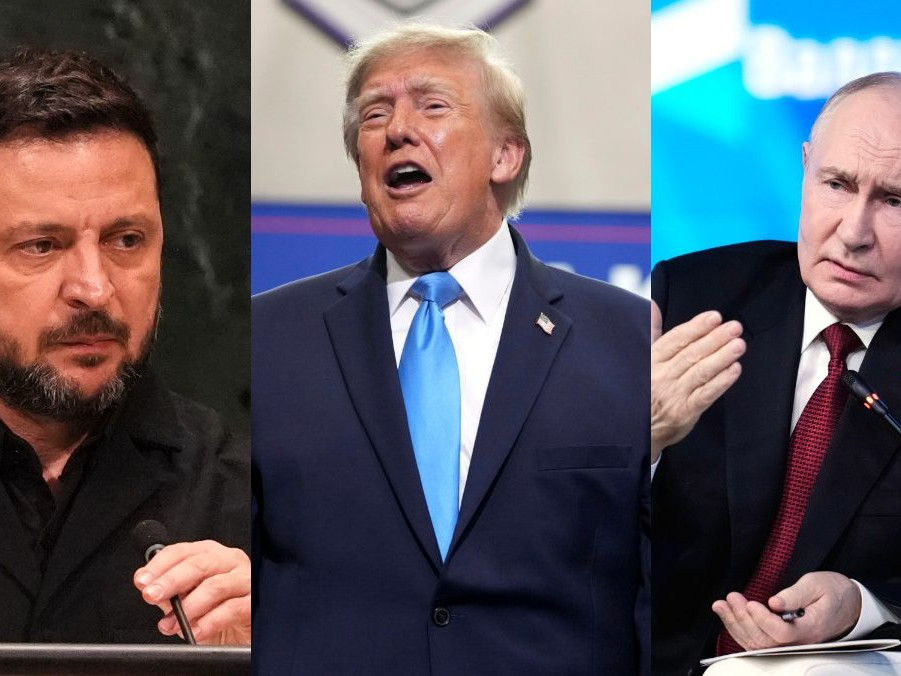 Volodymyr Zelenskyj, Donald Trump a Vladimir Putin.