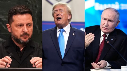 Volodymyr Zelenskyj, Donald Trump a Vladimir Putin.